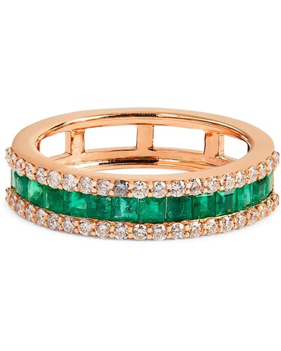 BeeGoddess Rose Gold, Diamond And Emerald Mondrian Ring (size 16) - Multicolour