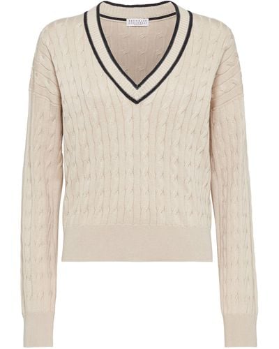 Brunello Cucinelli V-neck Cable-knit Sweater - White