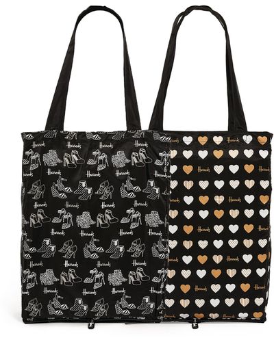 Harrods Glitter Hearts And Shoes Recycled Pocket Shopper Bag (set Of 2) - Black