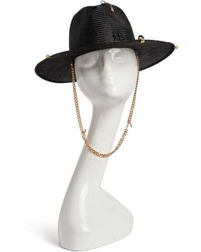 Ruslan Baginskiy Straw Fedora Hat With Chain Chin Strap - Black