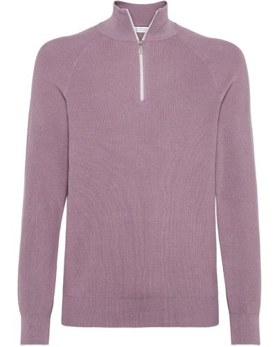 Brunello Cucinelli Cotton English-rib Half-zip Sweater - Purple