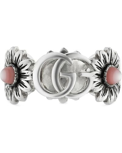 Gucci Sterling Silver, Mother-of-pearl And Topaz Double G Flower Ring - Metallic