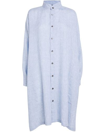 Eskandar Linen Check Longline Shirt - Blue