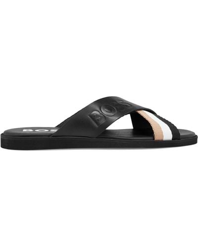 BOSS Darrel Leather Strap Slide Sandals - Black