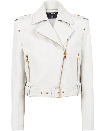 Balmain Cropped Leather Biker Jacket - White