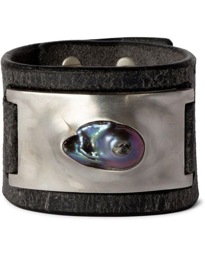 Parts Of 4 Leather, Acid Treated Silver-plated Brass And Black Rainbow Pearl Amulet Cuff
