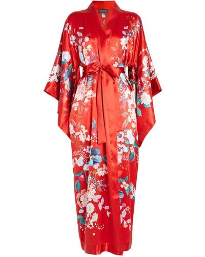 Meng Exclusive Long Silk Floral Kimono - Red