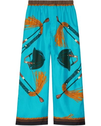Gucci Silk Equestrian Print Pants - Blue