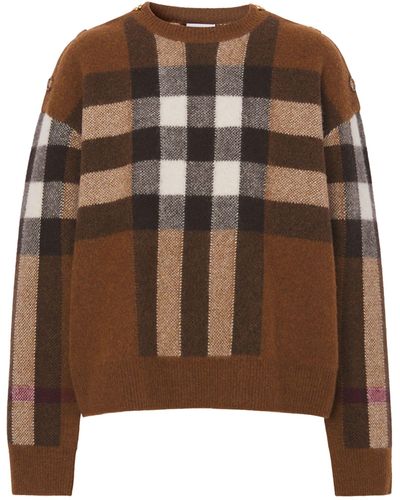 Burberry Wool-cashmere Boxy Check Sweater - Brown