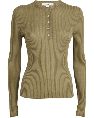 Vince Ribbed Henley Top - Green