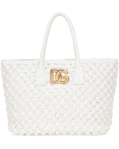 Dolce & Gabbana Raffia Dg Logo Tote Bag - White
