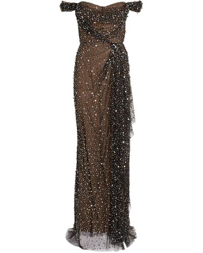 Marchesa Tulle Embellished Gown - Brown