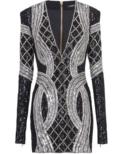 Balmain Sequins And Crystals Embroidered Minidress - Black