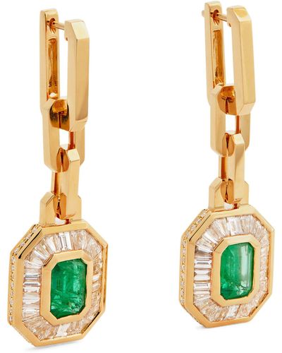 SHAY Mini Yellow Gold, Diamond And Emerald Halo Deco Earrings - Metallic