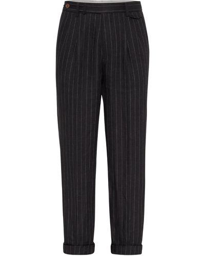 Brunello Cucinelli Chalk-stripe Linen Trousers - Black