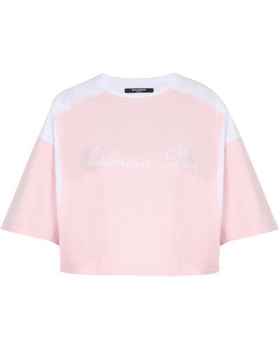 Balmain Colour-block Cropped Logo T-shirt - Pink