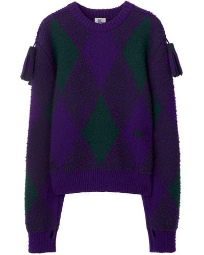 Burberry Wool Check Tasseled Sweater - Blue