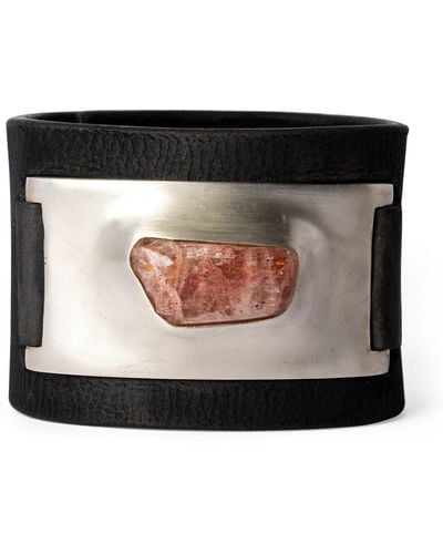 Parts Of 4 Leather, Silver-plated Brass And Sunstone Amulet Cuff Bracelet - Black
