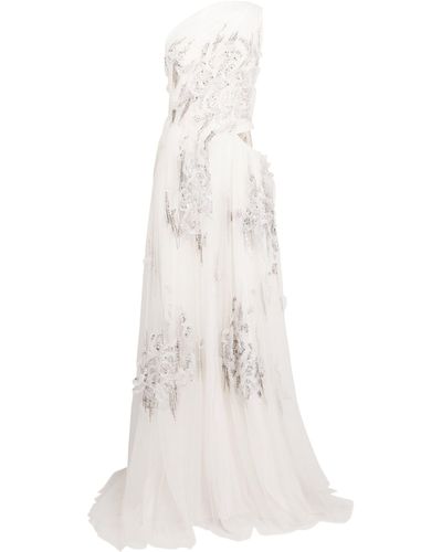 Sandra Mansour Embellished Semi-sheer Spectrum Gown - White