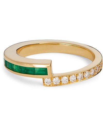 Azlee Yellow Gold, Diamond And Emerald Baguette Ring - Metallic