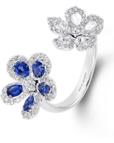 David Morris White Gold, Diamond And Blue Sapphire Miss Daisy 2 Flower Ring