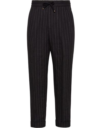 Brunello Cucinelli Linen Chalk-stripe Trousers - Black