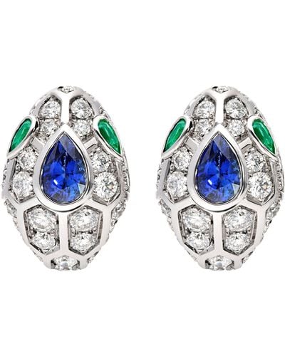 BVLGARI White Gold, Diamond, Sapphire And Emerald Serpenti Earrings - Blue