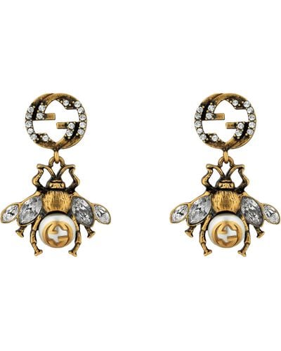 Gucci Bee-motif Aged Gold-toned Crystal And Faux-pearl Earrings - Metallic