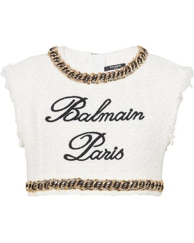 Balmain Tweed Signature Logo Crop Top - White
