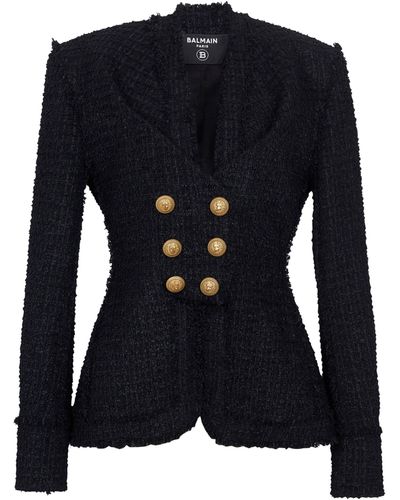 Balmain Tweed Button-trim Jacket - Blue