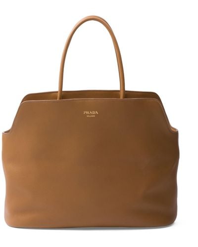 Prada Large Leather Tote Bag - Brown