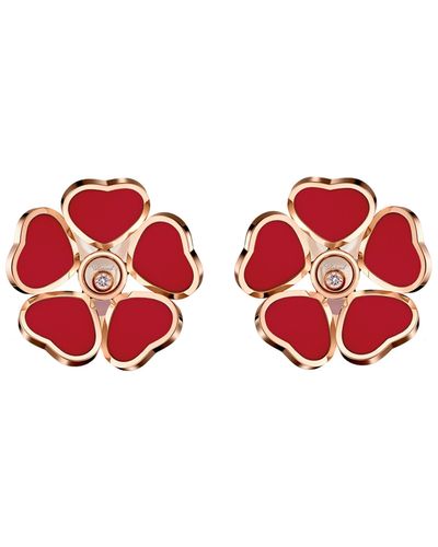 Chopard Rose Gold And Diamond Happy Hearts Flowers Clip-on Earrings - Red