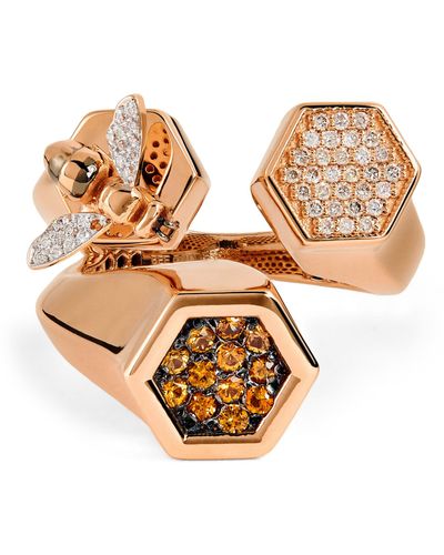 BeeGoddess Rose Gold, Diamond And Orange Sapphire Honeycomb Ring (size 54) - Metallic