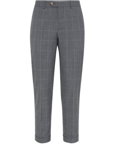 Brunello Cucinelli Virgin Wool Check Trousers - Grey