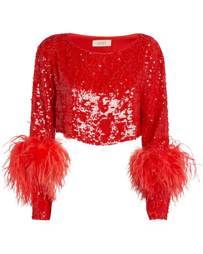 LAPOINTE Sequinned Feather-trim Crop Top - Red
