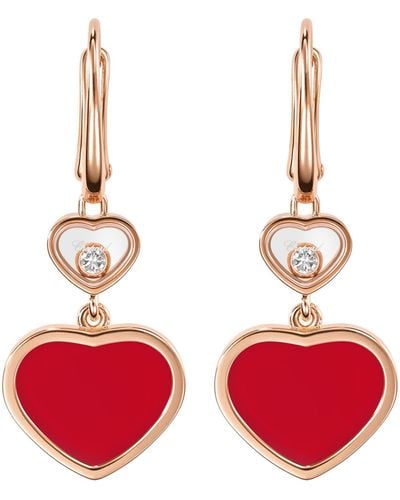 Chopard Rose Gold, Carnelian And Diamond Happy Hearts Earrings - Red