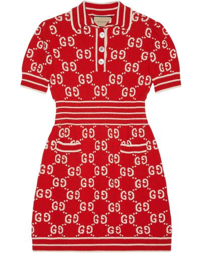 Gucci Monogram-print V-neck Cotton-blend Mini Dress - Red