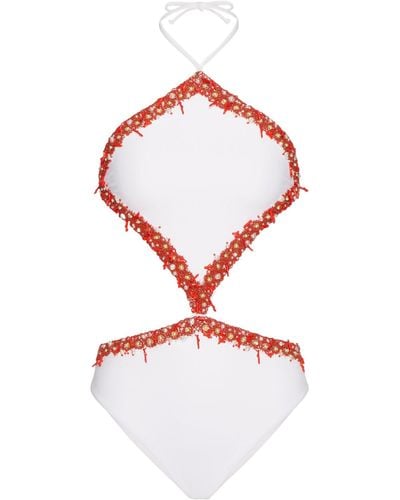 Valentino Garavani Beaded Cut-away Swimsuit - White