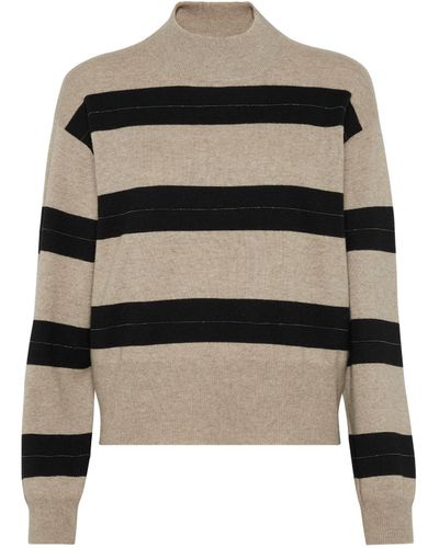 Brunello Cucinelli Virgin Wool-blend Embellished Striped Jumper - Black