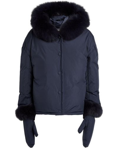 Yves Salomon Hooded Fur-trim Puffer Jacket With Gloves - Blue