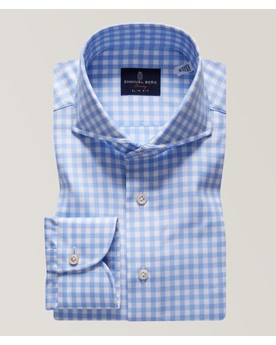 Emanuel Berg Gingham Pattern Satin Twill Luxury Premium Dress Shirt - Blue