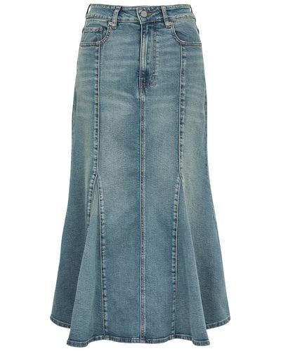 Ganni Mid-rise Faded-wash Stretch Organic-denim Blend Midi Skirt - Blue