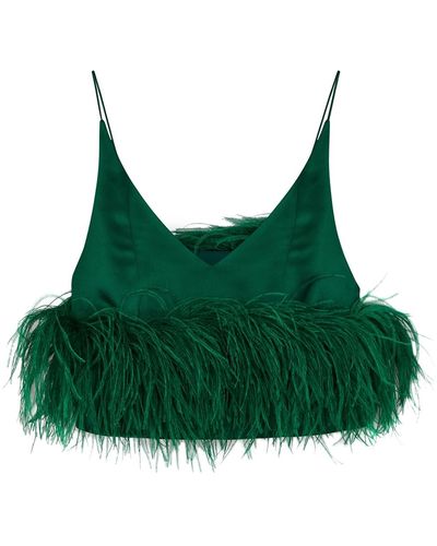 16Arlington Poppy Emerald Feather-trimmed Satin Top - Green