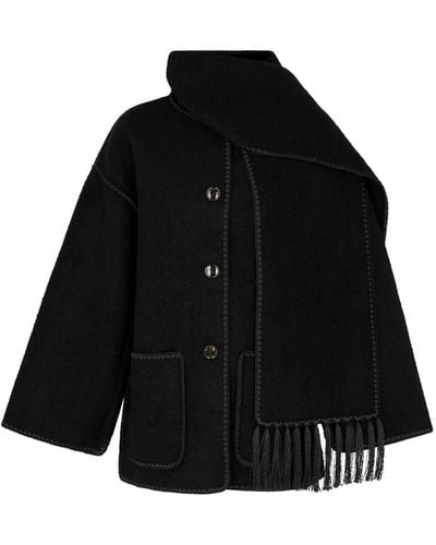 Totême Scarf-overlay Contrast-trim Relaxed-fit Wool-blend Jacket - Black