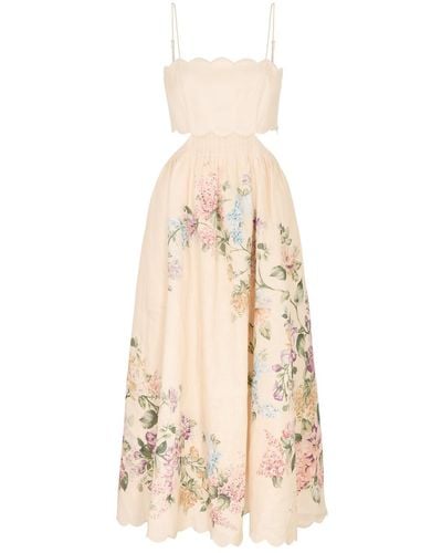 Zimmermann Halliday Floral-Print Linen Midi Dress - Natural