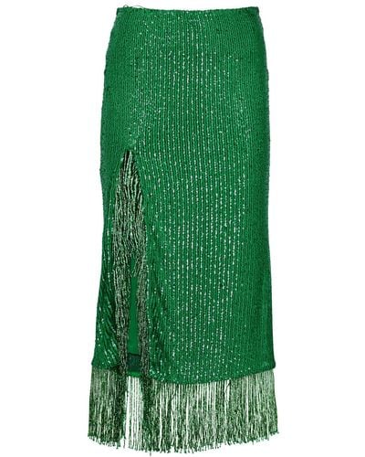 In the mood for love Starry Fringe-trimmed Sequin Midi Skirt - Green