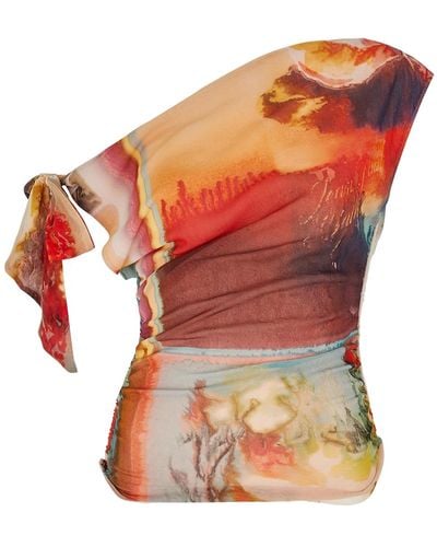 Jean Paul Gaultier Scarf Printed One-shoulder Tulle Top - Orange