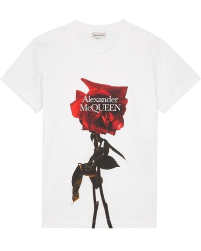 Alexander McQueen Shadow Rose Printed Cotton T-Shirt - White