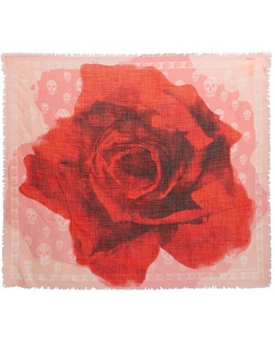 Alexander McQueen Rose And Skull-print Wool Scarf - Red
