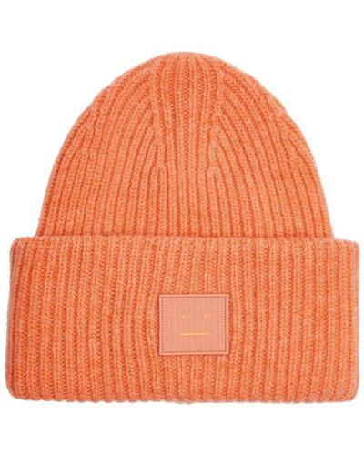 Acne Studios Pansy Face Ribbed Wool Beanie - Orange